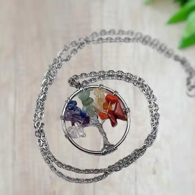 7 Chakra Rainbow Tree Life Pendant Gemstone Crystal Silver Wire Wrapped Necklace