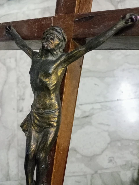 Crocifisso Vintage In Legno Con Cristo In Régule Christian Symbolism, Anni '30 - Foto 8
