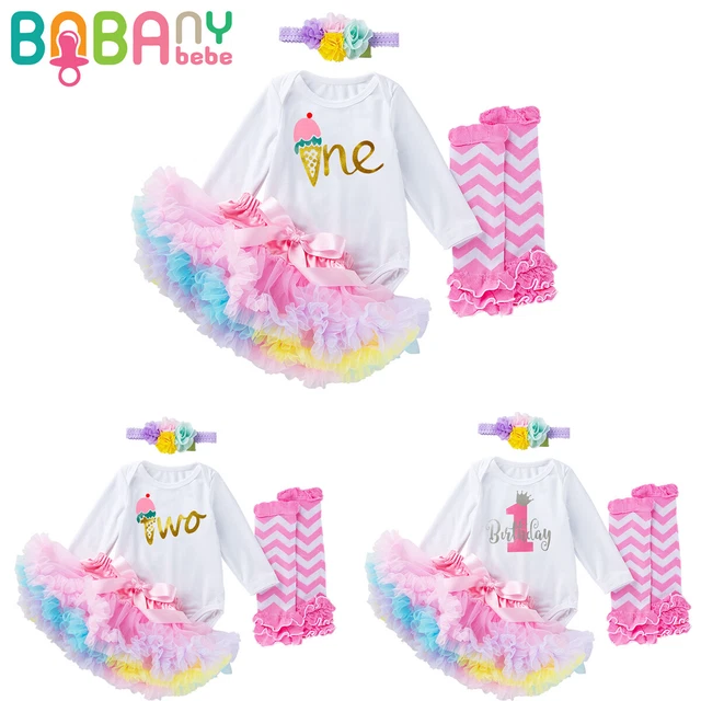 Toddler Baby Girls 1st 2nd Birthday Outfits Long Sleeve Romper Tutu Skirts 4PCS