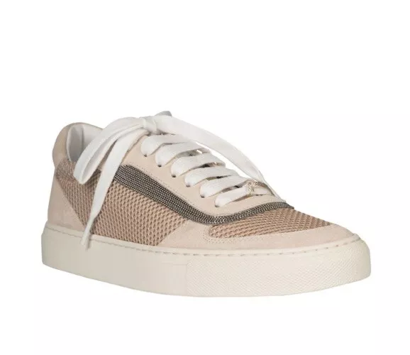 Brunello Cucinelli Low-Top Beige Suede Pink Mesh Sneakers NWT Size 38 !Run Big!