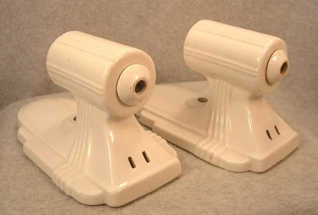 Pair of Vintage Art Deco White Porcelain Bathroom Wall Sconces Light Fixtures