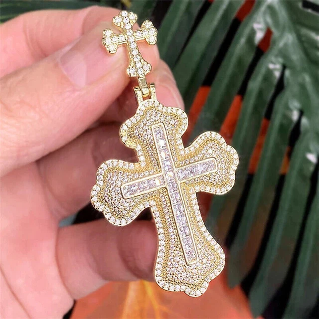 Pendentif à breloque croix pour homme en moissanite ronde 3 ct en plaqué or...
