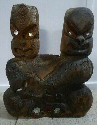 Huge Old Nz Maori Hand Carved Kauri Timber Hei Tiki Totem Statue Paua Shell Moko
