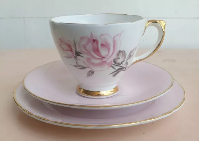 Vintage Crown Luton Pink Rose Bone China Trio Cup Saucer Plate Made In England