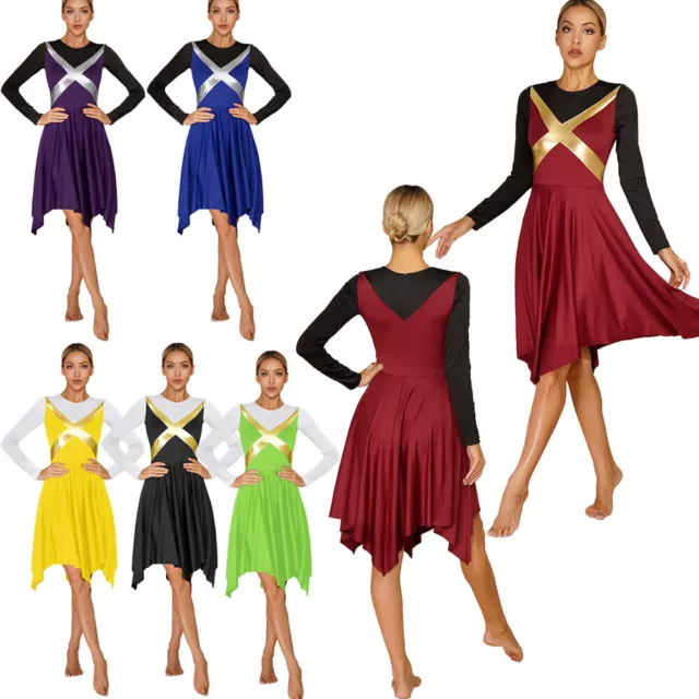 Womens Patchwork Dance Dress Irregular Hem Dancewear Long Sleeve,Dresses