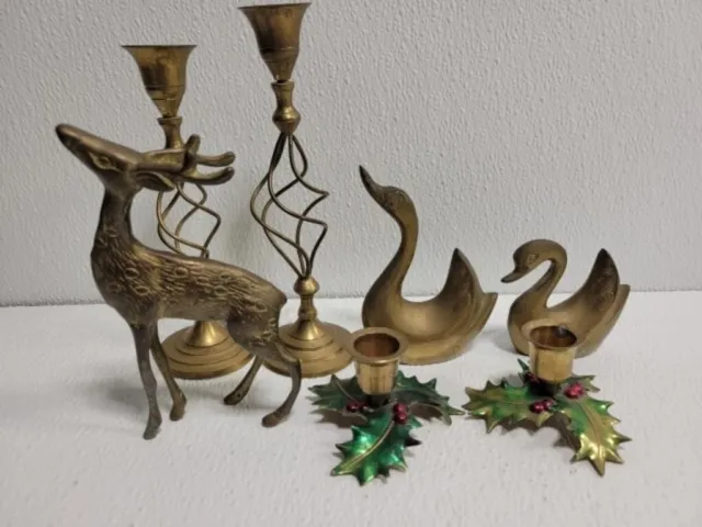 Set of 7 Brass Decorative items 4 Candle Holders, 1 Deer, 2 Swans Home Accents