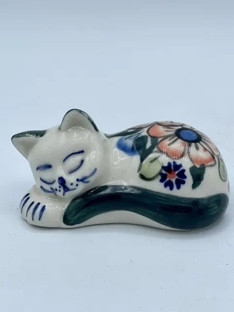 Vintage Unikat Hand made Hand painted signed Polish sleeping cat figurine