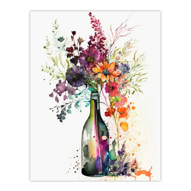 Wine Bottle Flowers Watercolour Orange Pink Purple Blooms Wall Art Poster Print