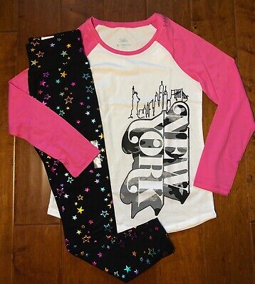 NWT JUSTICE GIRLS Sz 12 or 14 OUTFIT ~ NEW YORK LS TEE / FOIL STAR  LEGGINGS