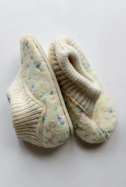 Vintage Felt and Knit Baby or Toddler Shoes Yellow with Embroidery