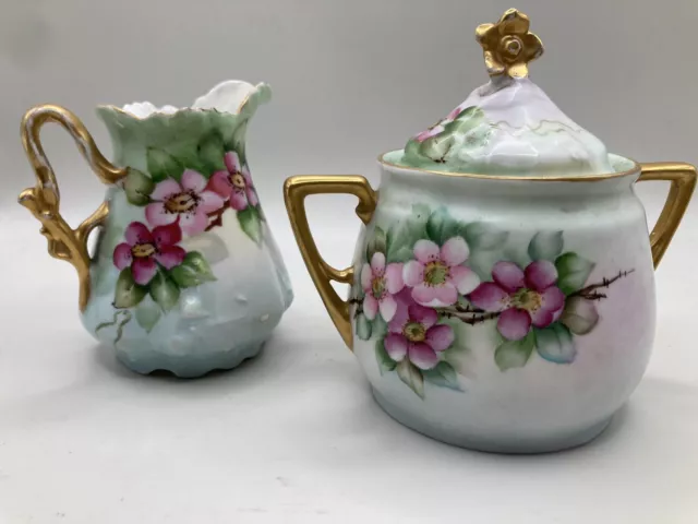 Z. S. & Co. Bavaria Hand-Painted Creamer Covered Sugar Bowl Floral w/ Gold Trim