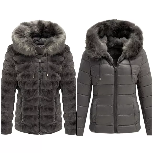 Geschallino Women's Faux Fur Reversible Hooded Fuzzy Zip Up Jacket Gray - Large