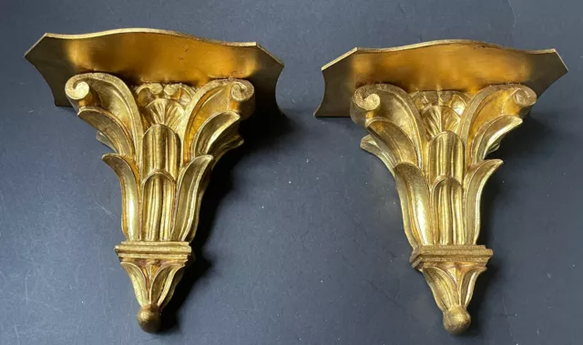 PAIR LARGE Vintage Italian WOOD Gold Florentine *ITALY SHELVES Sconces Antique