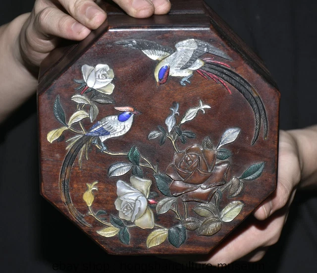 6.4” Old Chinese Huanghuali Wood Shell Carving Dynasty Flower Bird Jewelry Box