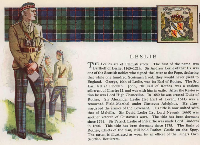 Leslie. Scotland Scottish clans tartans arms 1957 old vintage print picture
