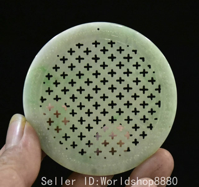 3" ancient Chinese hetian jade emerald carving circular hollow Amulet pendant