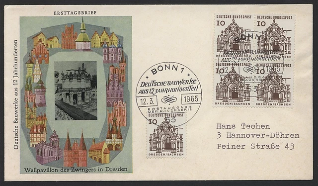 FDC 10 Pf Viererblock Kleine Bauwerke Bund, MiNr 454 selten !