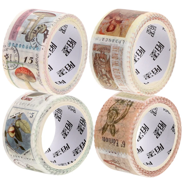 4 cintas adhesivas de papel estético vintage con patrón de estampillas para álbum de recortes