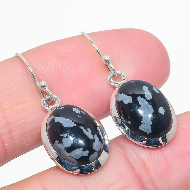 Snow Flake Obsidian Gemstone 925 Solid Sterling Silver Jewelry Earring 1.25''