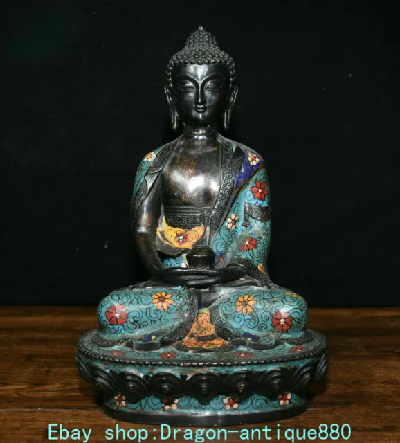 11.6“ Old China Bronze Cloisonne Seat Shakyamuni Amitabha Buddha Statue