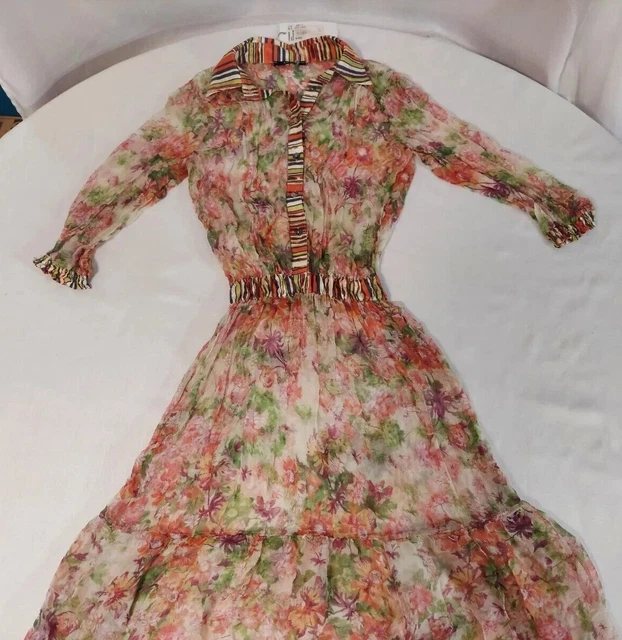 SFIZIO Pink Lavender  Green Floral Print Sheer Chiffon Long Dress, Size XS / S