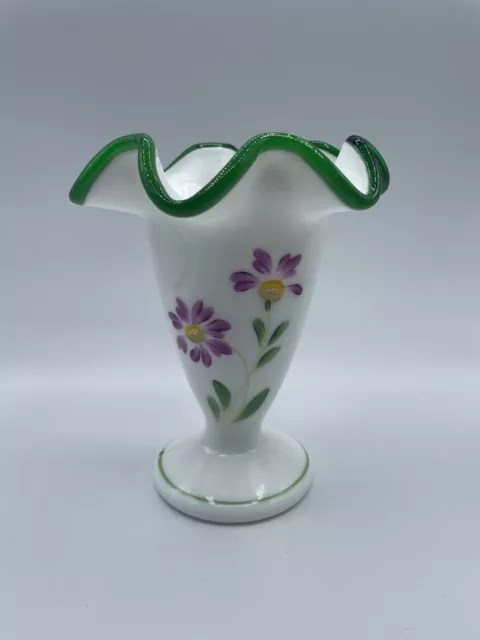 Vintage Fenton Milk Glass, Emerald Green Crest Ruffled Vase, Signed T Neader