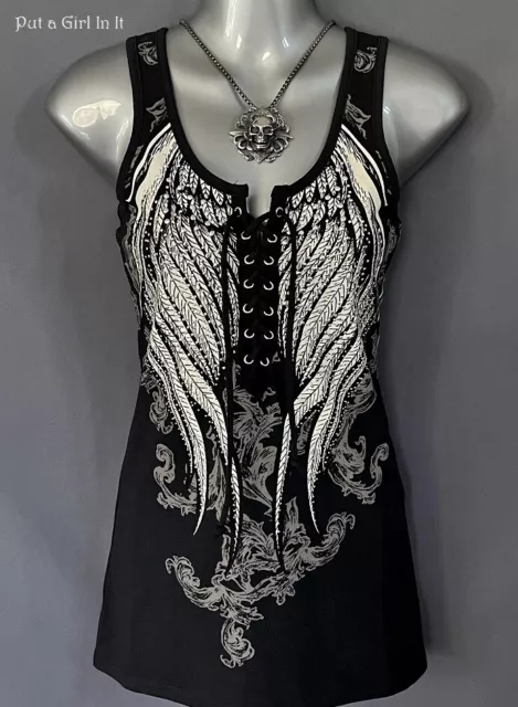New Womens CRYSTAL BLACK ANGEL WINGS EYELET LACEUP VNECK BIKER TANK TOP S M L XL
