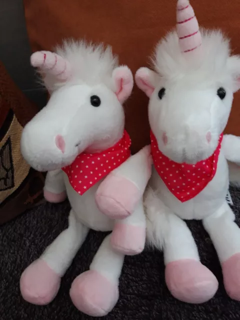 Lot 2 doudou peluche licorne blanc rose bandana Kinder 32cm corne comprise TTBE