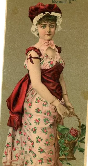 Victorian Trade Sarica Coffee Card  Mansfield Ohio Lovely Girl Flower Basket