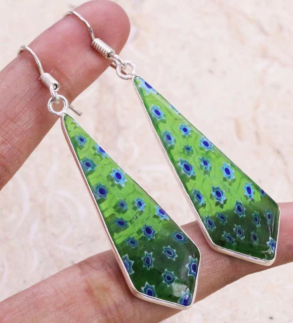 Dichroic Glass 925 Silver Plated Handmade Earrings of 2" Ethnic Gift