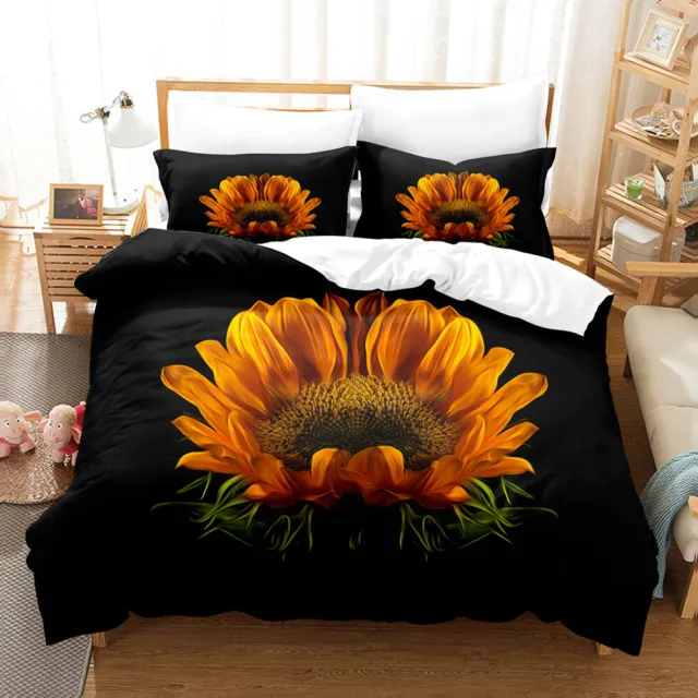 3D Beautiful Sunflower Black Duvet Quilt Cover Queen King Bedding Set Pillowcase