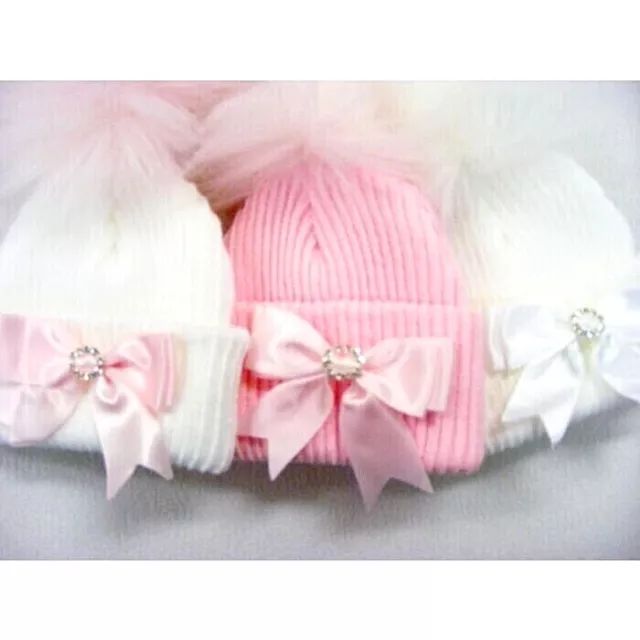 Baby Girls Diamante Bow Pom Pom Hat Spanish Fur Bobble UK Made Pink White ~ abg