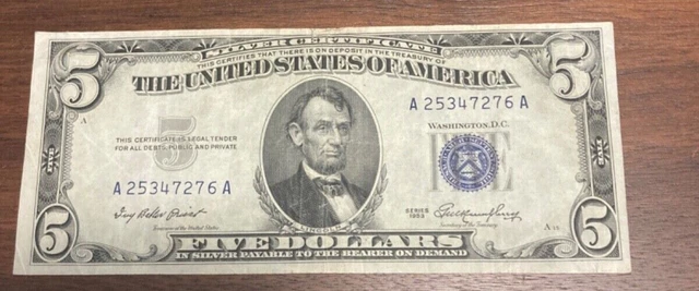 VINTAGE silver CERTIFICATE $5 NOTE 1953-A FIVE DOLLAR BILL LINCOLN BLUE SEAL
