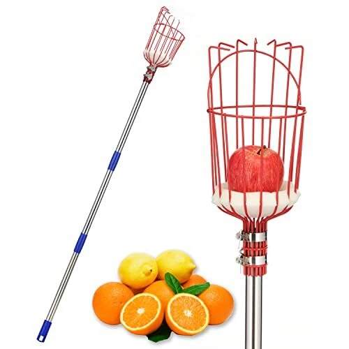 Fruit Picker, 8 FT Fruit Picker Pole with Large Basket, Length Adjustable Gar