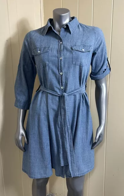 Merona Denim Chambray Button Front Shirt Dress Womens Size M Blue 3/4 sleeve