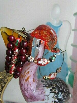 Vintage Enameled Floral Cloisonne Red Green Beads Craft Earrings Bracelet set