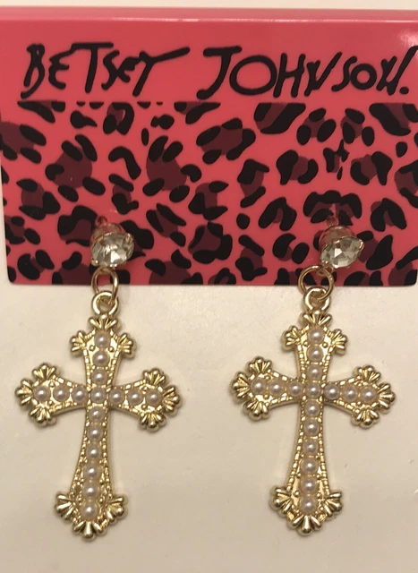 Betsey Johnson Yellow Enamel Rhinestone Crystal Pearl Cross Earrings NWT