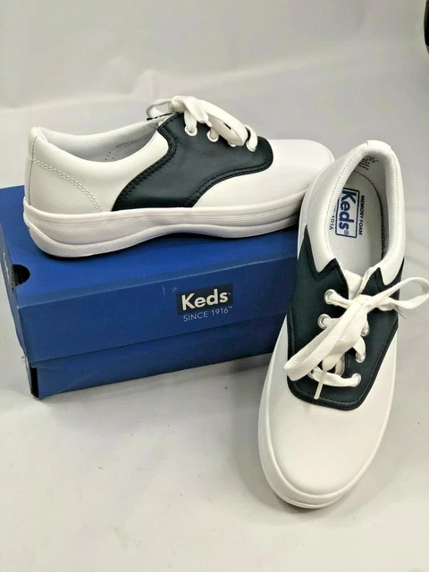 Keds School Days II Sneaker Little Girls White/Navy Size 5 WIDE Laces * NO BOX