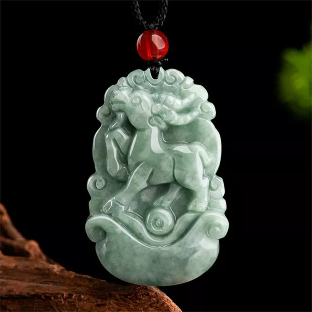 Chinese Natural A Grade Jadeite Green Jade Zodiac Pendant Lucky Amulet Necklace