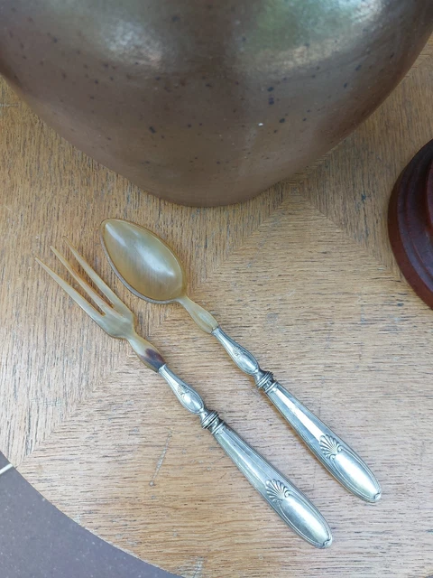 Cubiertos Para Ensalada de Plata Maciza Y Cuerno Plata Silber