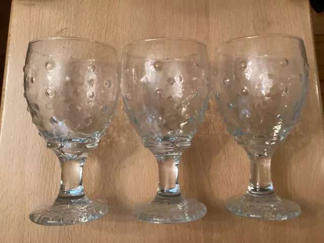 3 Matching hobnail Clear stemmed water ,ice Tea goblets, Blown Glass, Euc