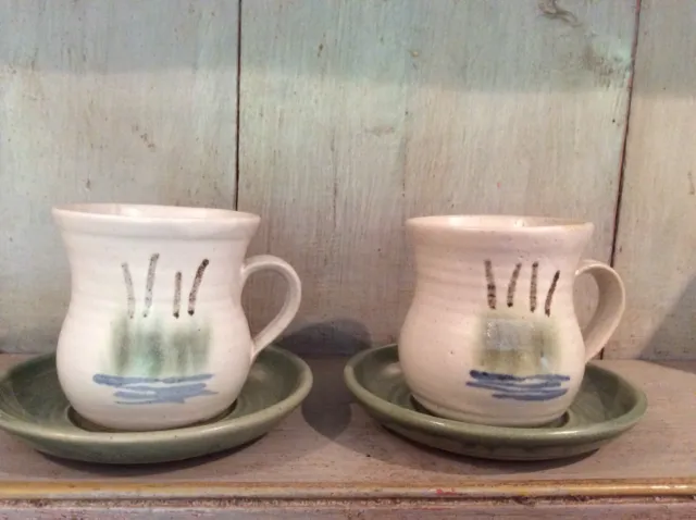 Pair Of Lovely Pottery Mugs Decorated With Reeds Green / Cream Pair Cups Saucers