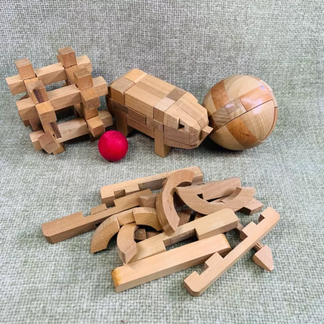 Vintage Wooden Japan Kumiki Puzzles Cube, Sphere, Pig, Mouse Brain Teaser