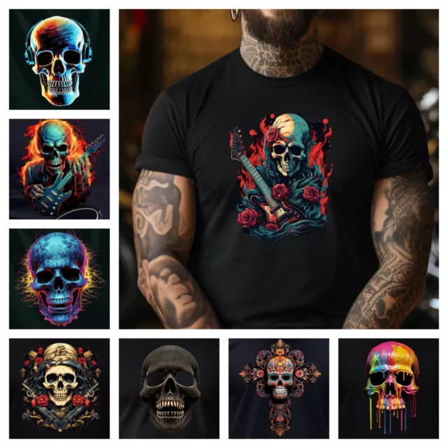 Skulls T Shirt Biker Tribal Tattoo Rock Music Death Demon Gym Dad Heavy Metal