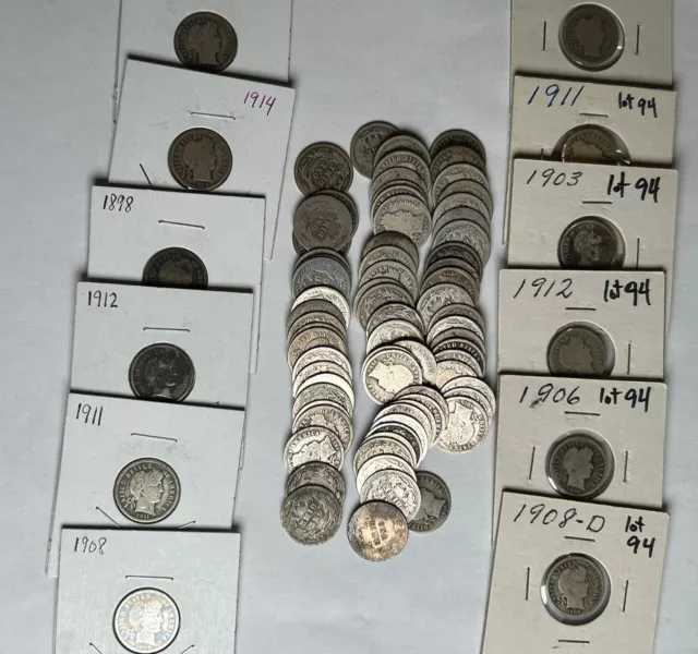 Lot of 82 Barber Silver Dimes 90% Many Different Date Coins