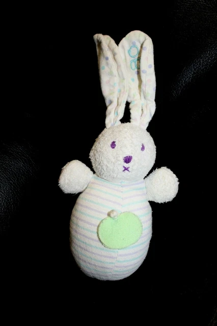 Doudou boule lapin blanc bleu violet OKAÏDI OBAÏBI rayures pois grelot culbuto