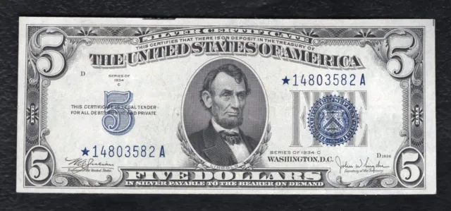 1934-C $5 Five Dollars *Star* Silver Certificate Currency Note About Unc