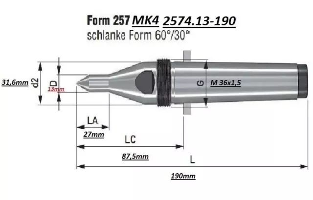 BRUCKNER 2574.13.190 Feste Zentrierspitze MK 4 hartmetallbestückt mit