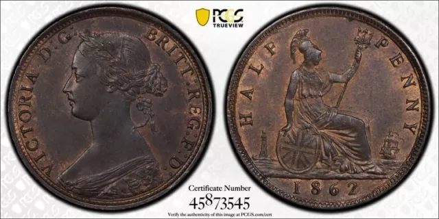 Great Britain 1862 1/2d Half Penny PCGS MS63BN Very Hard in This Grade Pop 4/2