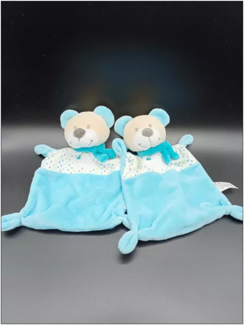 Lot De Deux Doudous Ours Plat - Nicotoy - Blanc & Bleu - Nuage Et Écharpe